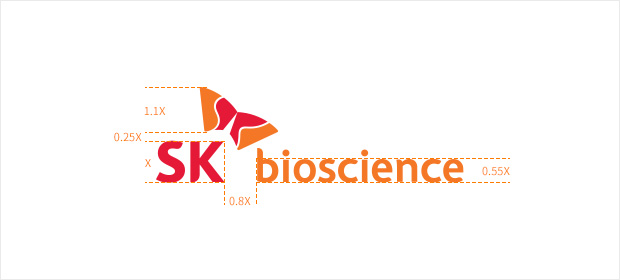 SK bioscience main arrangement (English type image) - distance standard value: the logo mark (x) / The height of the symbol on the top left 1.1x / Gap between the upper left symbol and the lower left logo mark 0.25x / Gap between the logo mark and the logo type 0.8x / The height of the logo type 0.55x